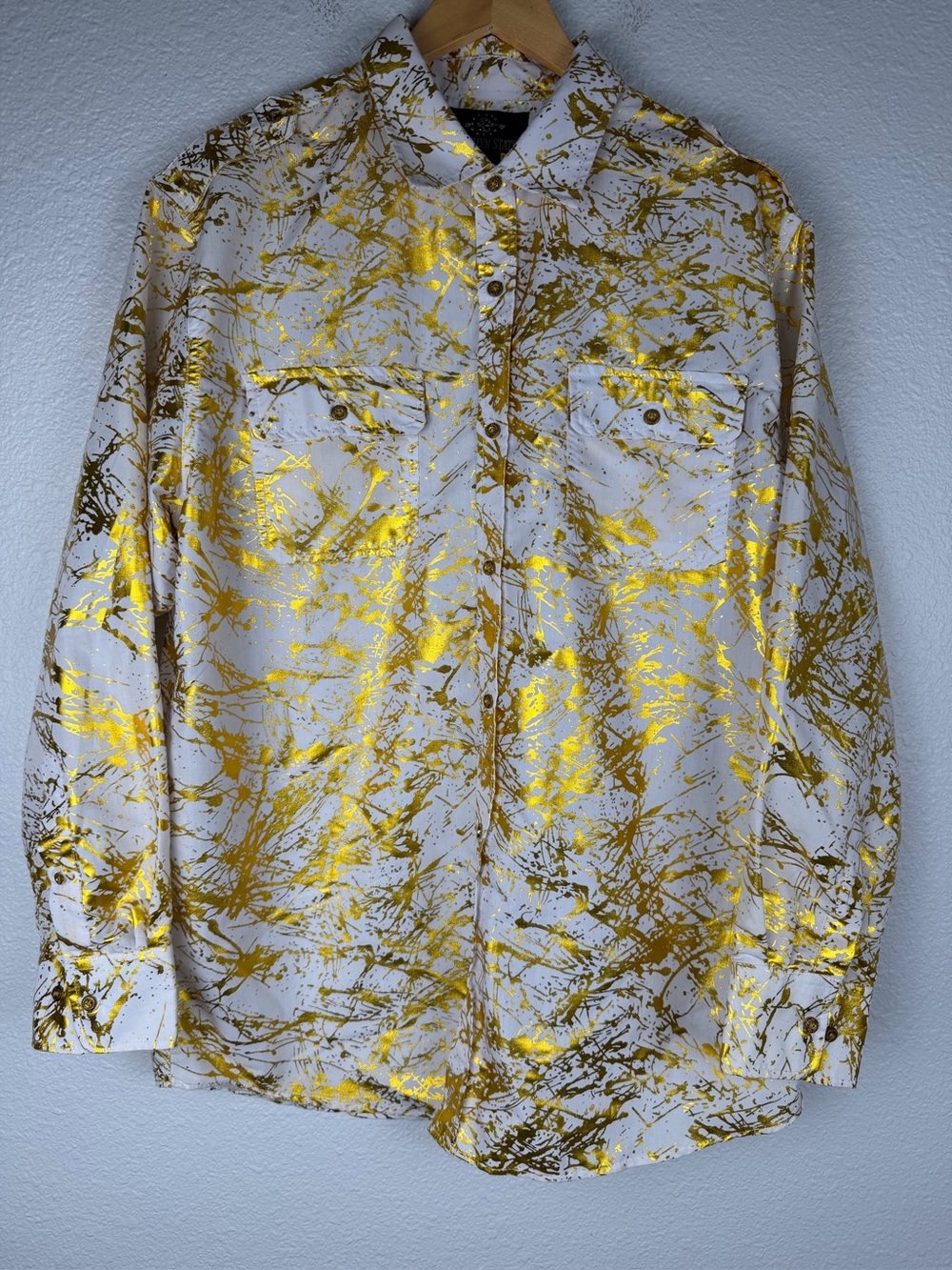 Brooklyn State white long-sleeve buttonup shirt metallic gold splatter paint 2XL